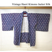 Vintage Haori Kimono Jacket Silk, Blue base, Chrysanthemum Motif
